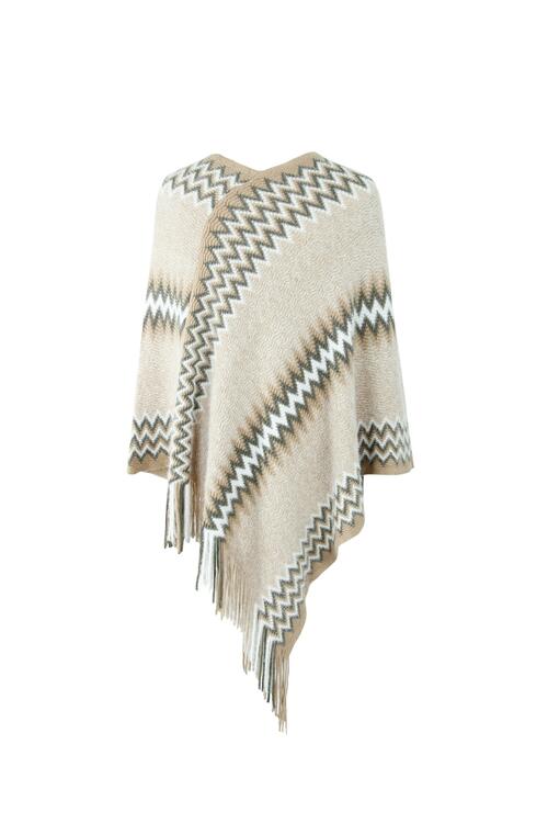 Fringe Hem Striped Cape Sleeve Poncho - T - 5 COLORS -