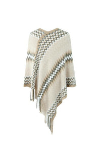 Thumbnail for Fringe Hem Striped Cape Sleeve Poncho - T - 5 COLORS -