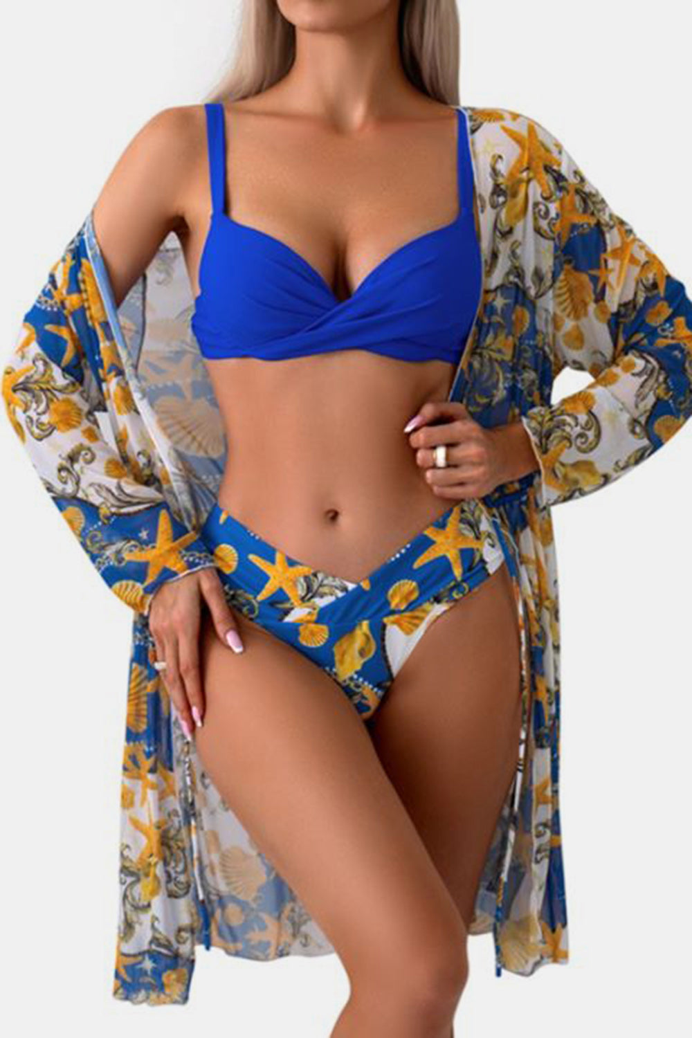 Ruched Top, Brief and Tied Cover Up Swim Set - 3 PCS. - T - 4 COLORS -