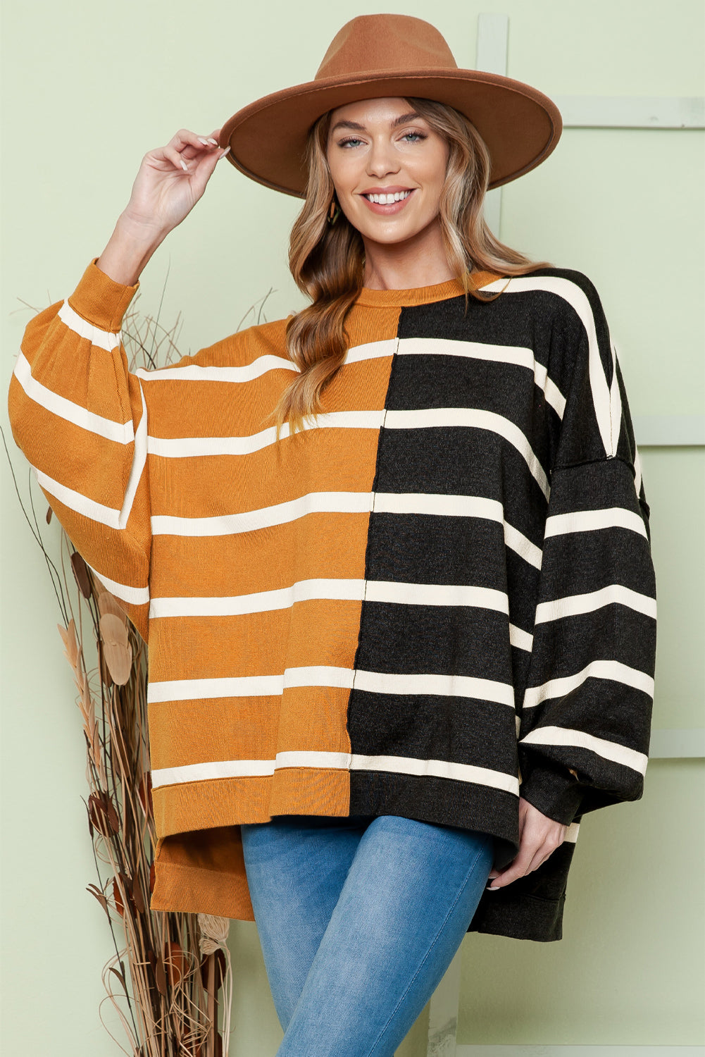 Striped Dropped Shoulder Round Neck Blouse - T - 1 COLOR -