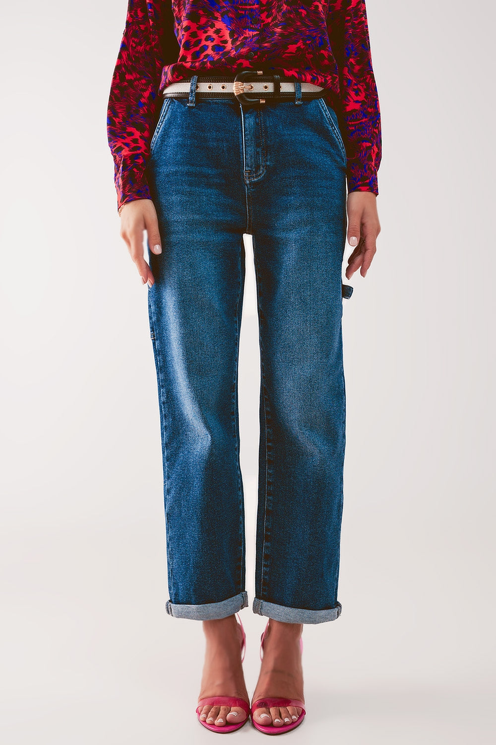 Q2 - Cotton Boyfriend Jeans With Stretch in Medium Blue - 1 COLOR -