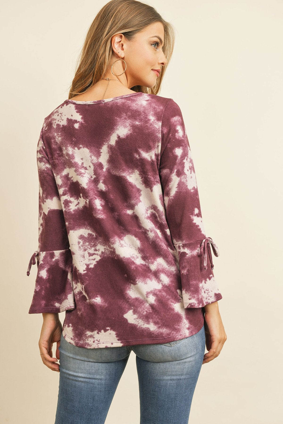 Riah Fashion - Tie Dye Bell Sleeved Ribbon Detail Swing Top - 3 COLORS -