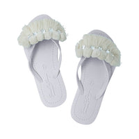 Thumbnail for SAND BY SAYA N.Y. - White Pom Pom Fringe - Embellished Flat Flip Flops Sandal - 4 COLORS -