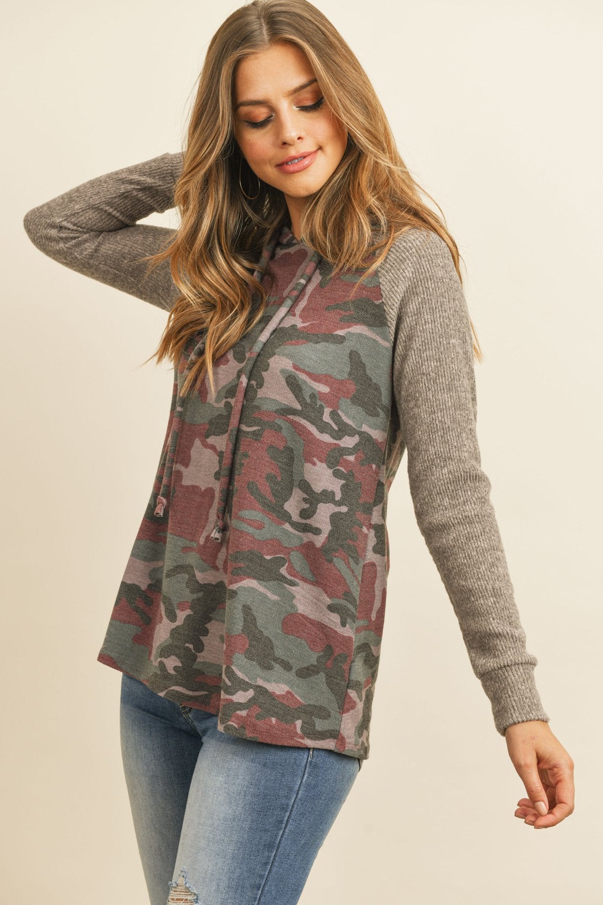 Riah Fashion - Self Tie Rib Hacci Brushed Sleeve Camouflage Hoodie - 2 CAMOS -