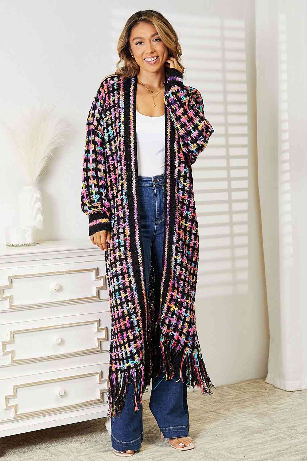 Double Take Full Size Multicolored Open Front Fringe Hem Cardigan - T - SIZES S THRU 3XL - 1 COLOR -