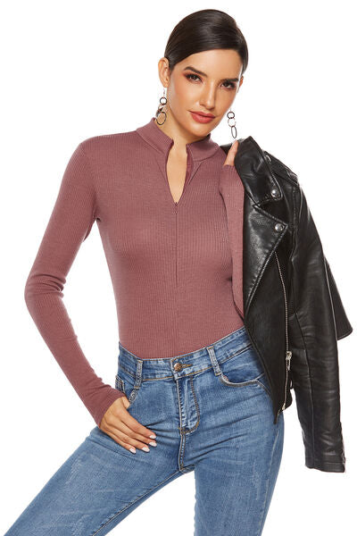 Full Size Ribbed Half Zip Long Sleeve Bodysuit - T - 4 COLORS -