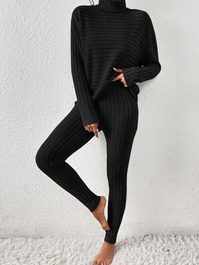 Ribbed Turtleneck Top and Pants Set - 2 PCS. - T - 5 COLORS -