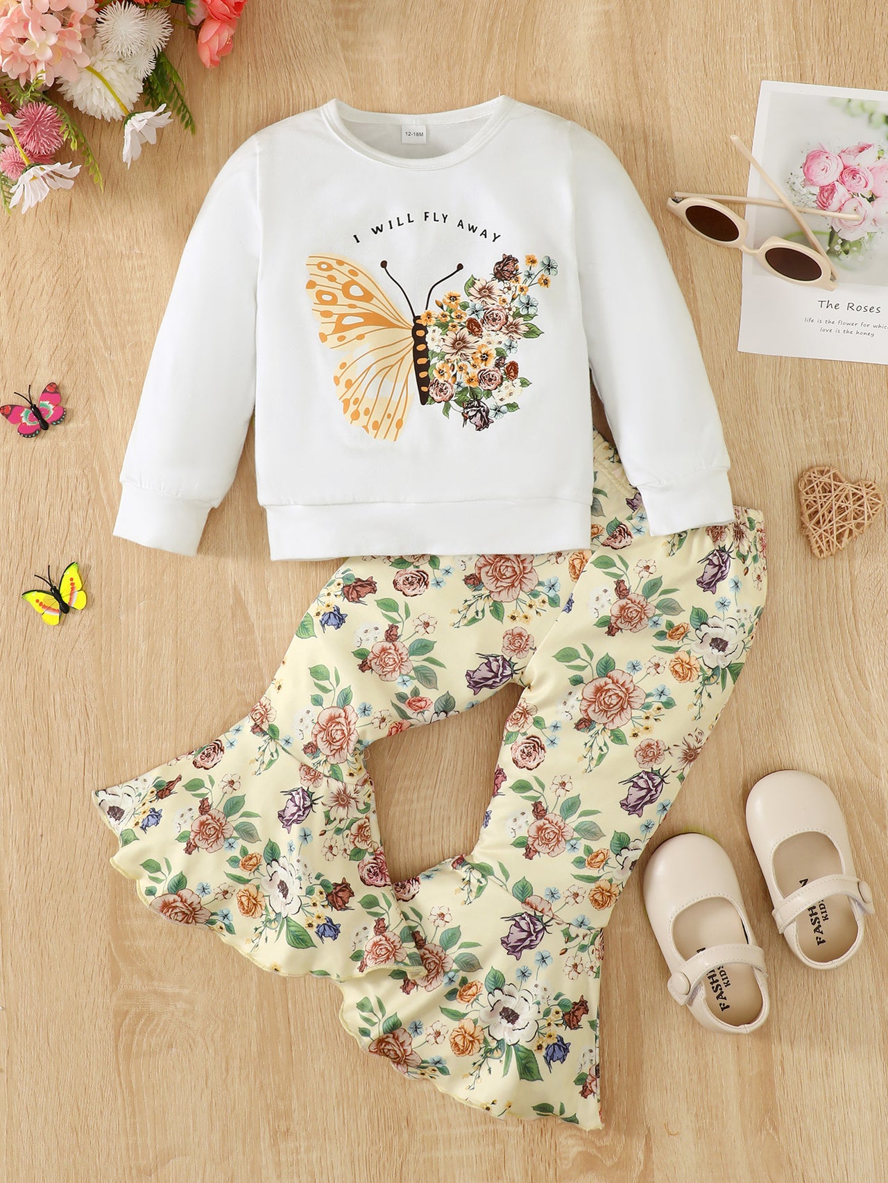 I Will FLY AWAY Butterfly Graphic Tee and Floral Print Flare Pants set - 2 PCS - T - 1 COLOR --