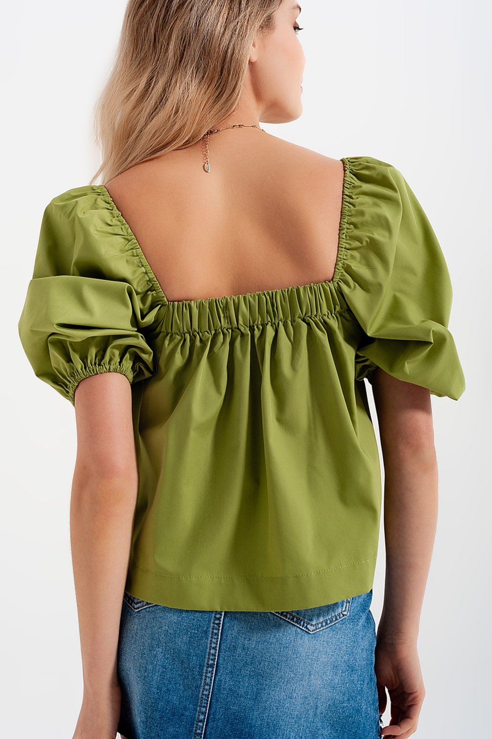 Q2 - Poplin Balloon Sleeve Top in Green - 1 COLOR