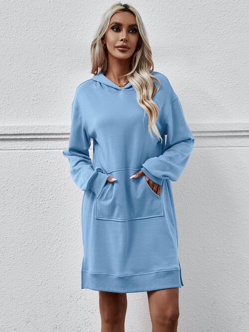 Slit Long Sleeve Hooded Dress with Pocket - T - 9 COLORS -