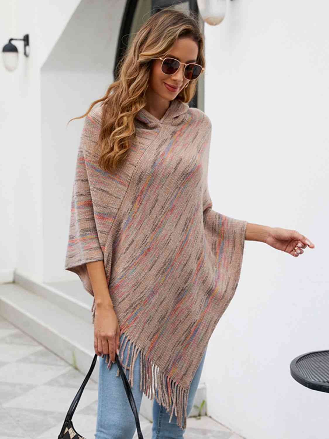 Fringe Hem Hooded Poncho - T - 5 COLORS -