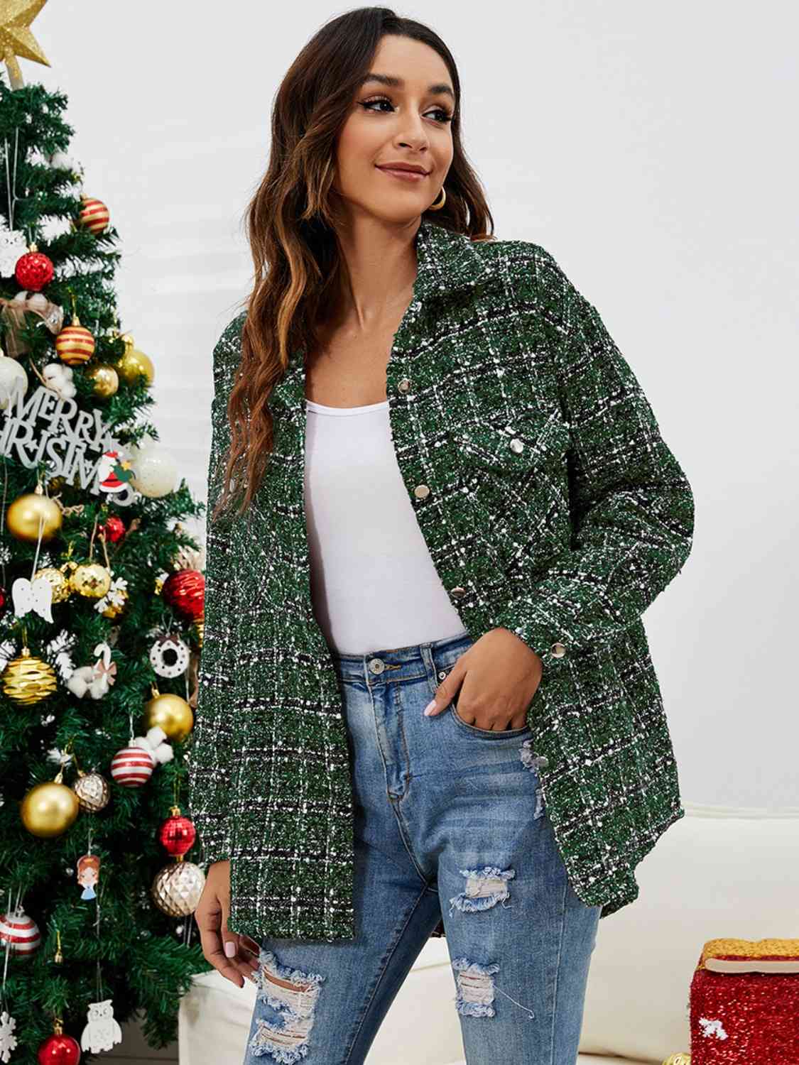 Plaid Collared Neck Button Front Jacket - T - 2 COLORS -