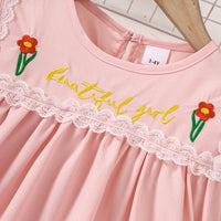 Thumbnail for Girls Embroidered Lace Trim Round Neck Dress - T - 5 SIZES - 1 COLOR -