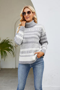 Thumbnail for Geometric Turtleneck Long Sleeve Sweater - T - 3 COLORS -