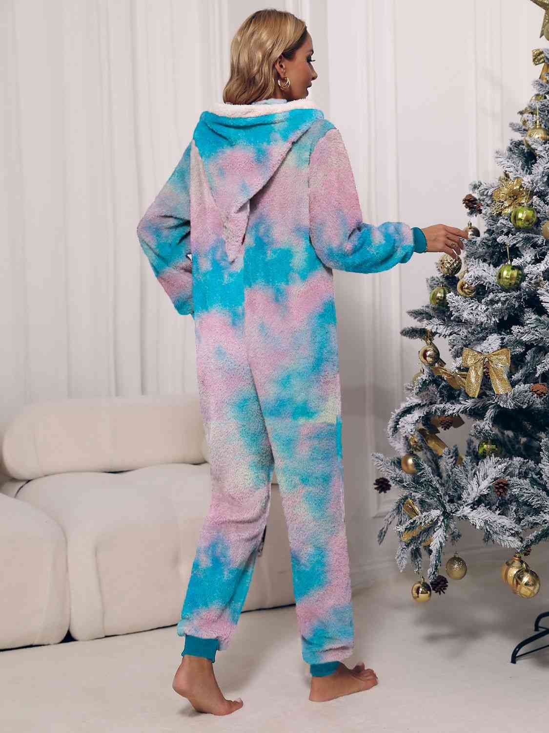 Zip Front Long Sleeve Hooded Teddy Lounge Jumpsuit - T - 1 COLOR/3 TIE DYES -