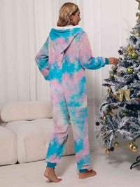 Thumbnail for Zip Front Long Sleeve Hooded Teddy Lounge Jumpsuit - T - 1 COLOR/3 TIE DYES -