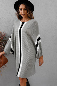 Thumbnail for Ribbed Round Neck Long Sleeve Sweater Dress - T - 4 COLORS -