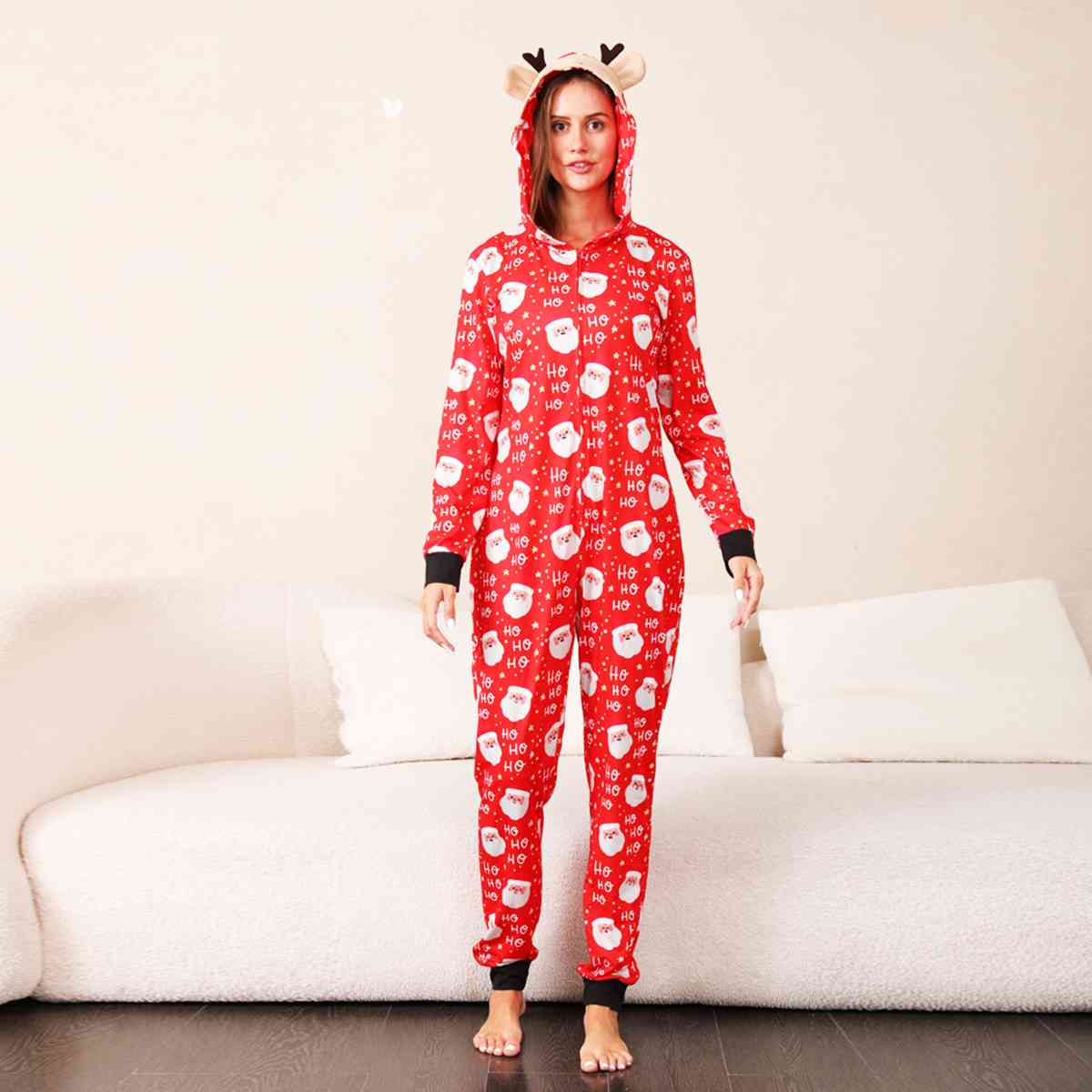 WOMEN Santa Print Hooded Jumpsuit - T -