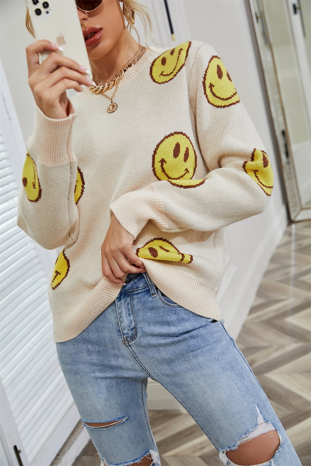 Smiley Face Round Neck Long Sleeve Knit Top - T - 1 COLOR -