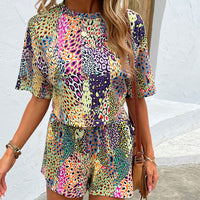 Thumbnail for Printed Round Neck Dropped Shoulder Half Sleeve Top and Shorts Set - 2 PCS. - T - 1 PATTERN -