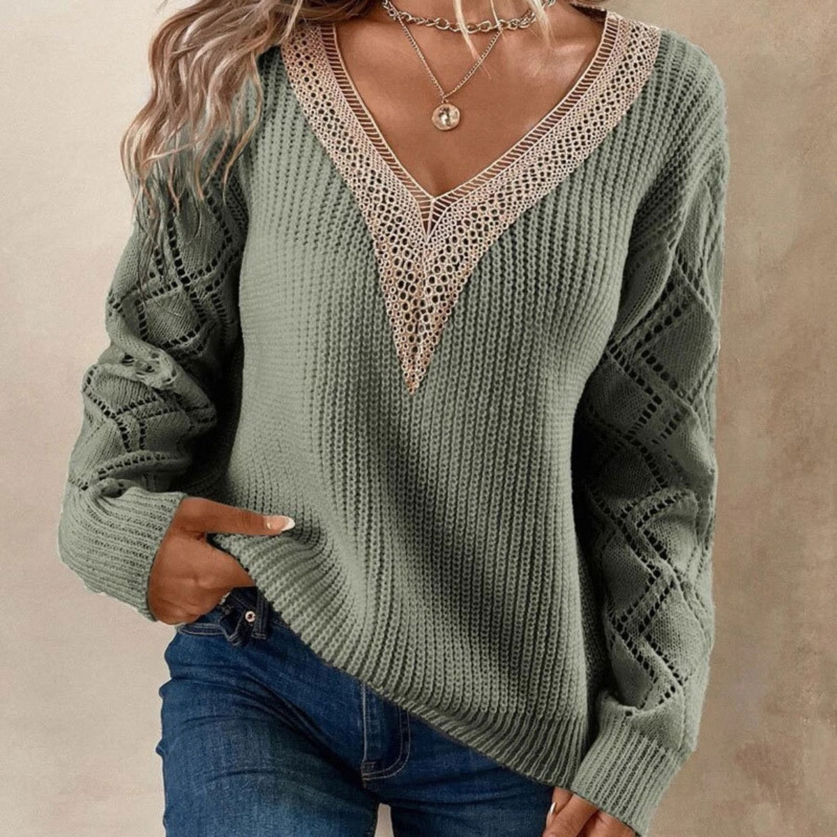 Contrast V-Neck Sweater - T - 2 COLORS -