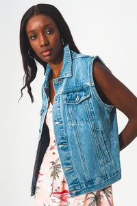 Thumbnail for Q2 - Cotton Sleeveless Denim Jacket in 70s Blue - 1 COLOR -