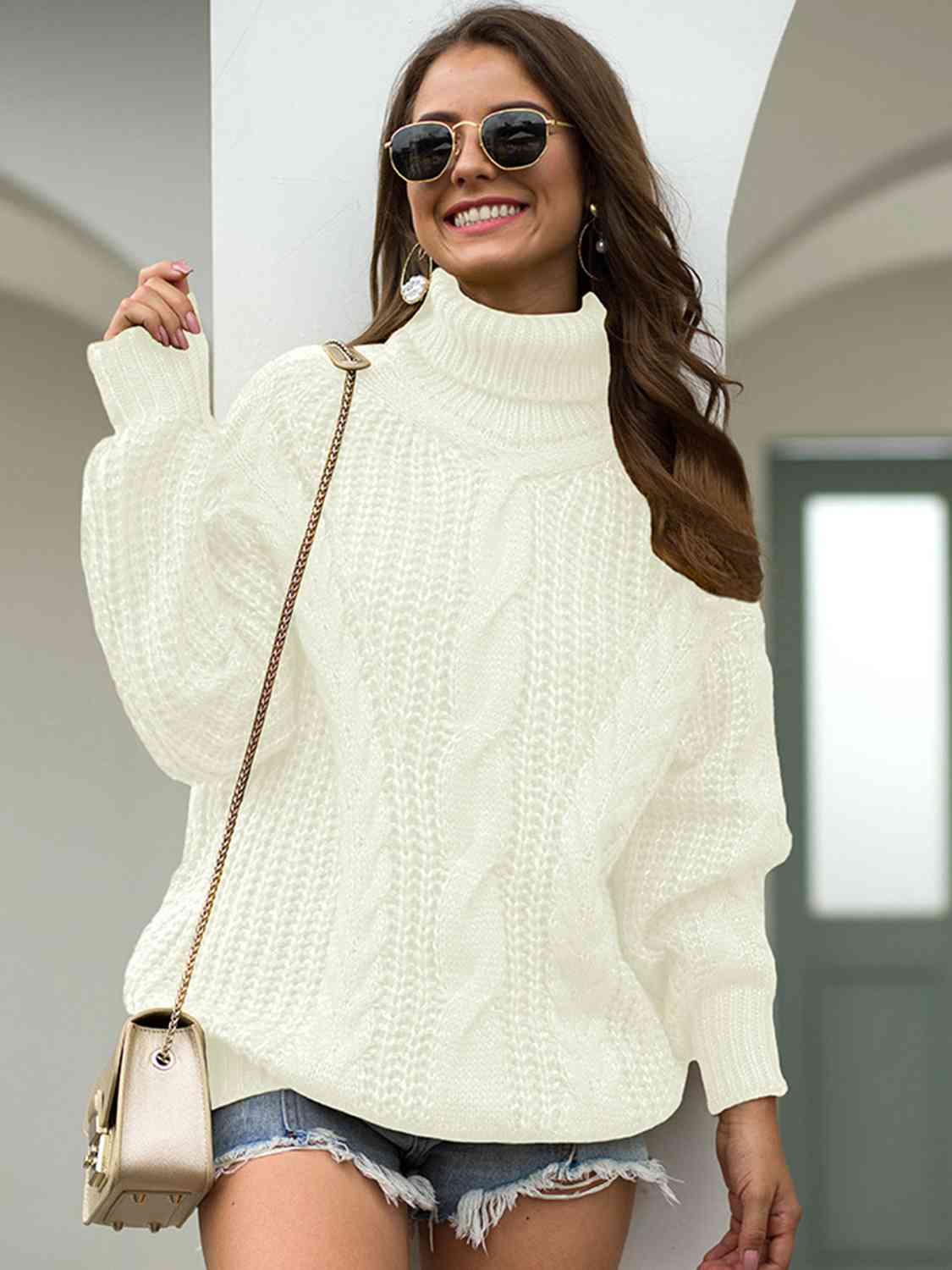 Turtleneck Cable-Knit Dropped Shoulder Sweater - T - 5 COLORS -