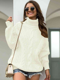 Thumbnail for Turtleneck Cable-Knit Dropped Shoulder Sweater - T - 5 COLORS -