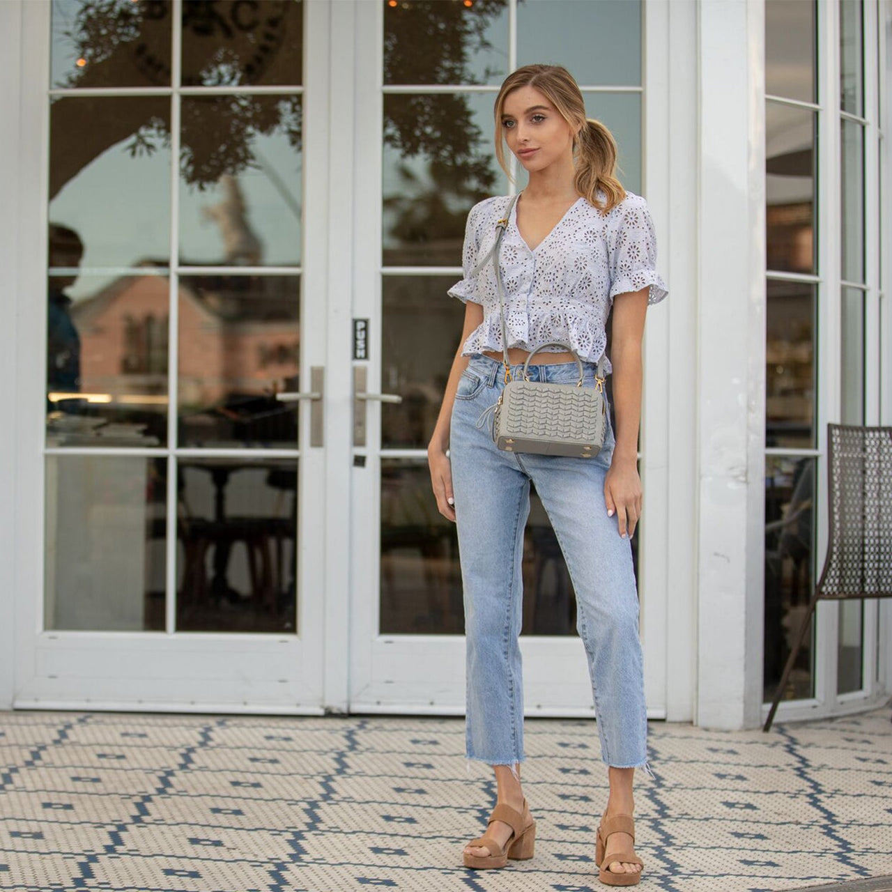 Kayla Light Gray Weave Leather Crossbody Purse -