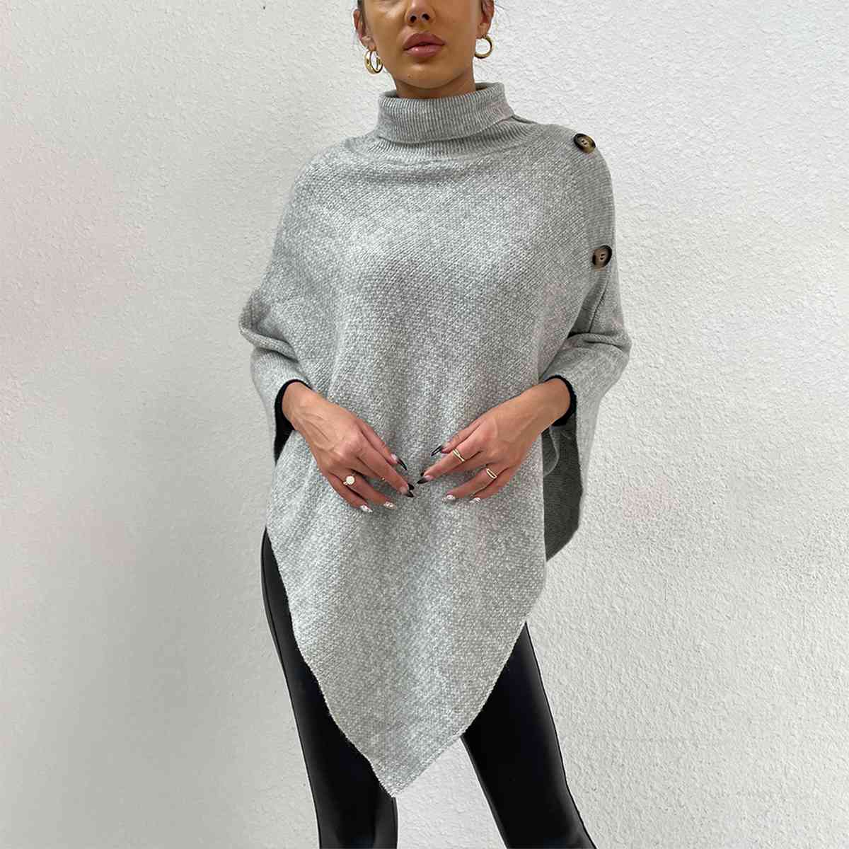 Turtleneck Buttoned Poncho - T - 1 COLOR -