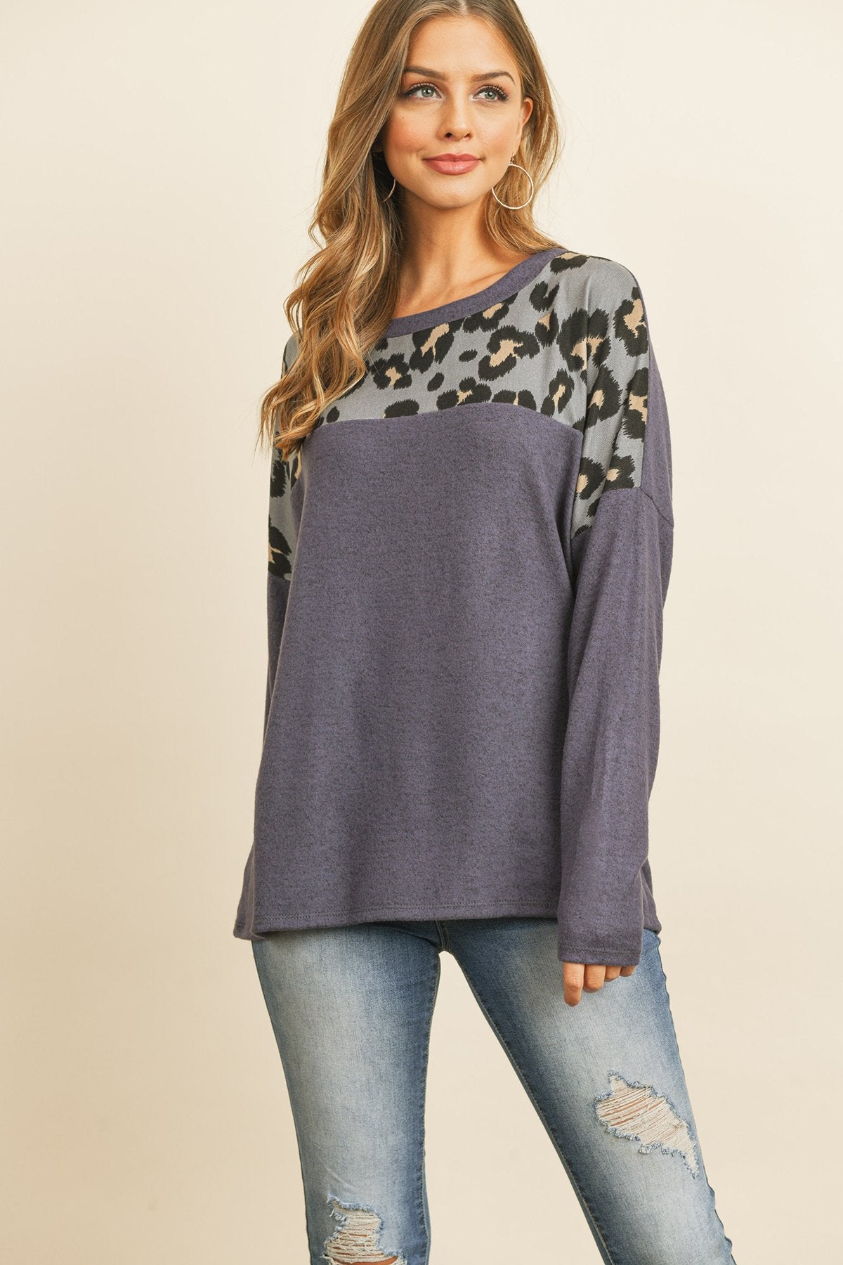 Riah Fashion - Long Sleeve Leopard Contrast Hacci Brushed Top - 3 COLORS -