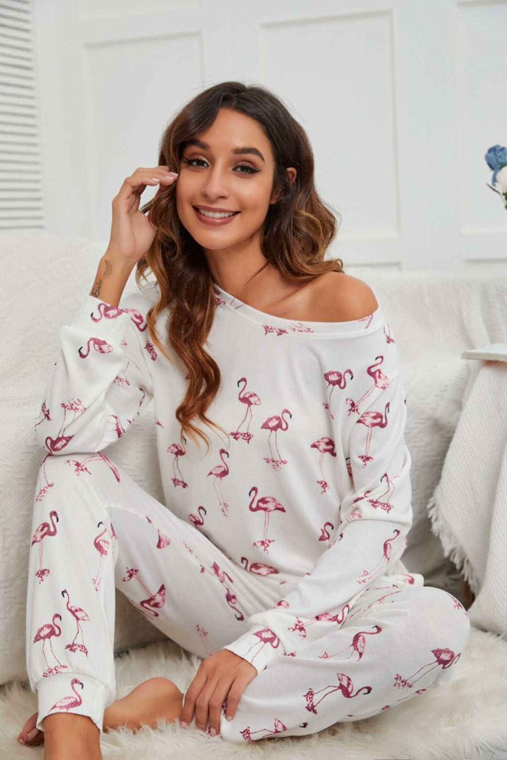 Flamingo Long Sleeve Top and Pants Lounge Set - 2 PCS. - T - 1 COLOR -