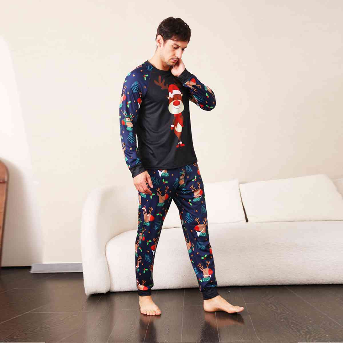 MEN Reindeer Graphic Top and Printed Pants Set - T -