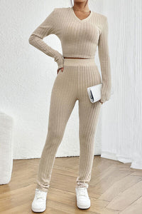 Thumbnail for Ribbed V-Neck Long Sleeve Cropped Top and Pants Set - 2 PCS. - T - 1 COLOR -