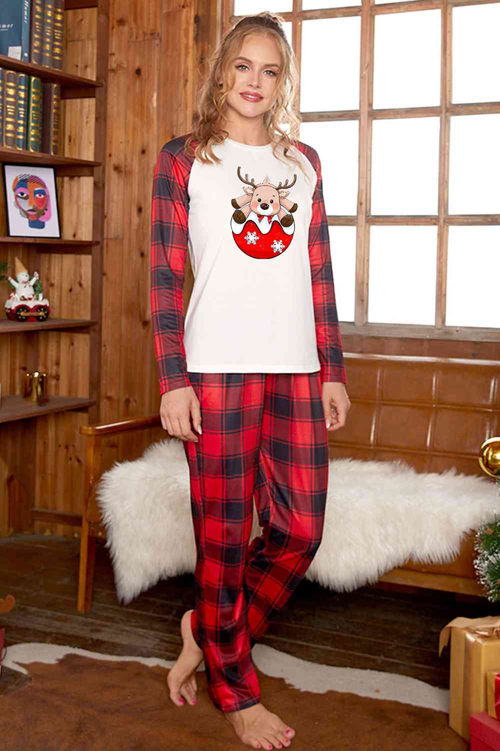 Reindeer Graphic Top and Plaid Pants Set - T - SOLD BY SIZE / 2 PCS. - 4 SIZES -