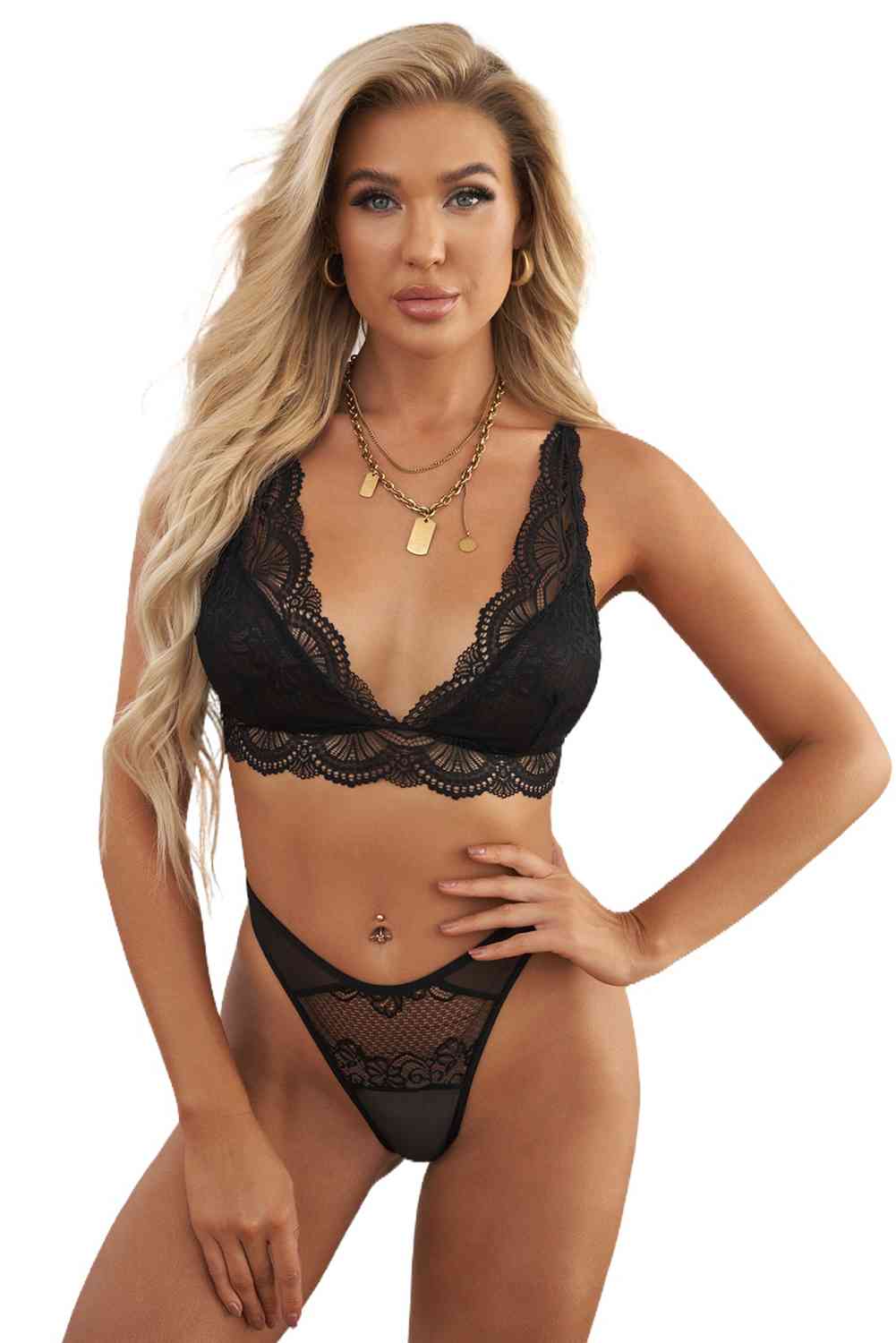 Lace Scalloped Lingerie Set - 2 PCS. - T - 1 COLOR -