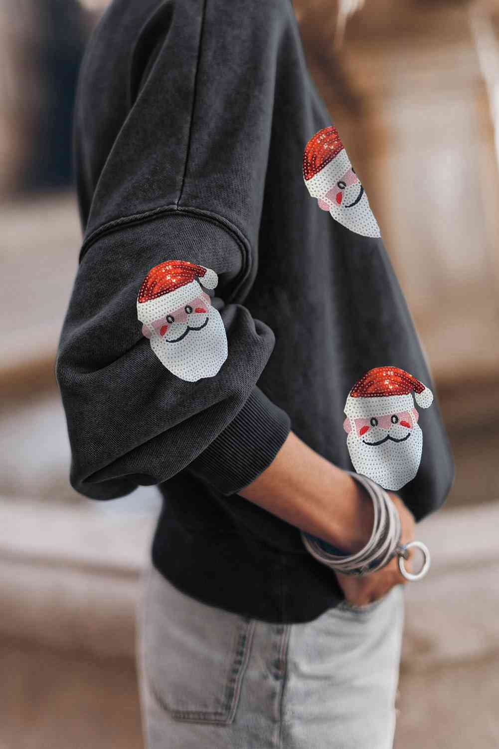 Sequin Santa Patch Round Neck Sweatshirt - T - 2 COLORS -