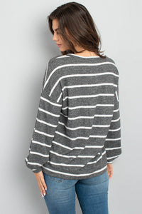 Thumbnail for Riah Fashion - Oversized Puff Sleeved V-Neck Striped Top - 4 COLORS -