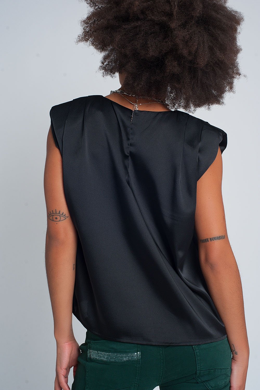 Q2 - Gathered Satin Shoulder Pad Sleeveless Top in Black - 1 COLOR -