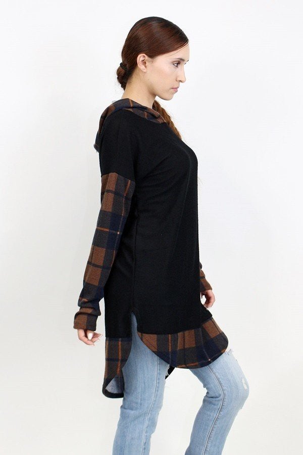 Stylespect - Hooded Plaid Color Block Top - Mocha -  1 COLOR -