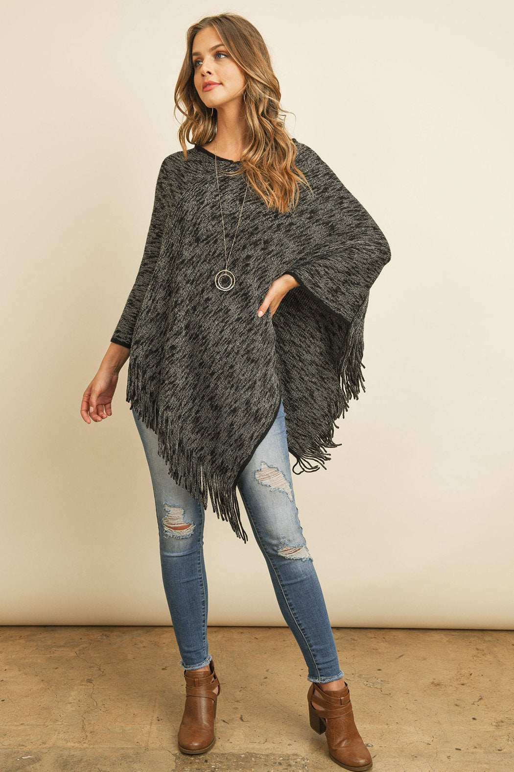 Riah Fashion - Black Two Tone Fringe Poncho - 1 COLOR -