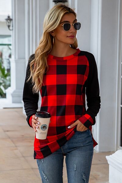 Plaid Round Neck Long Sleeve T-Shirt - T - 5 COLORS -