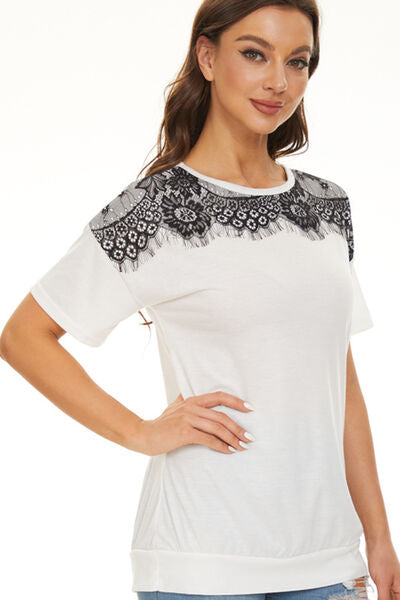 Lace Detail Round Neck Short Sleeve T-Shirt - T - 4 COLORS -