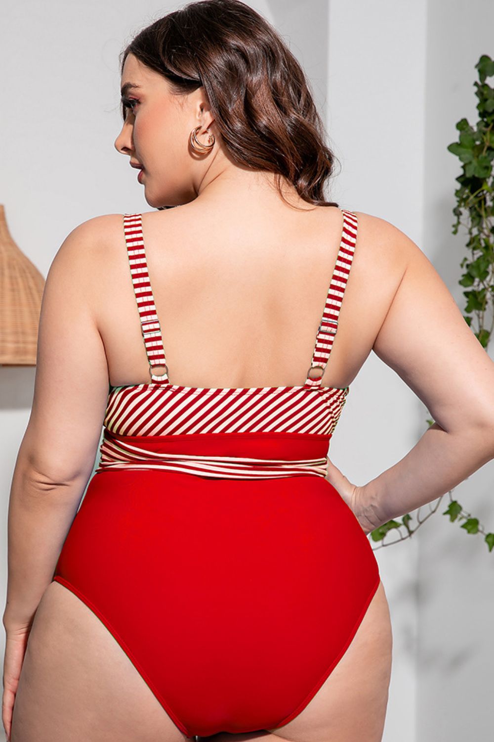 Plus Size Striped Tie-Waist One-Piece Swimsuit - L THRU 4XL - T - 4 OLORS -