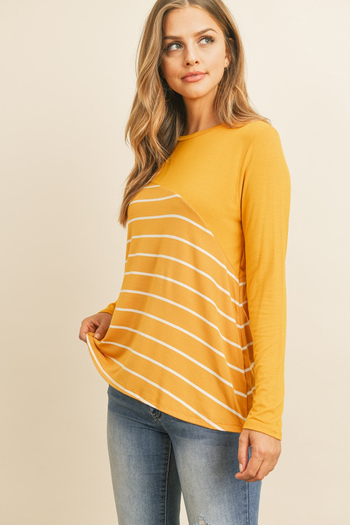 Riah Fashion - Solid Stripe Contrast Color Block Top - 4 COLORS -