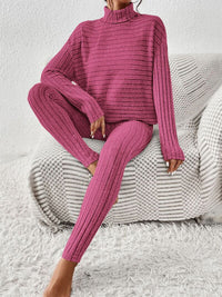 Thumbnail for Ribbed Turtleneck Top and Pants Set - 2 PCS. - T - 5 COLORS -