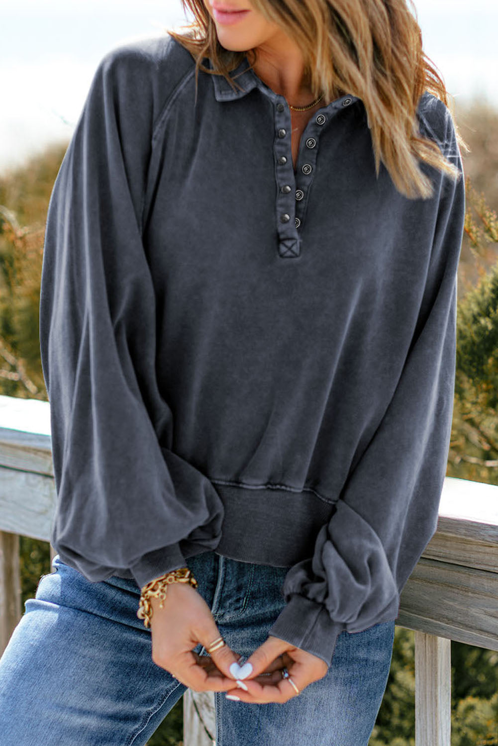 Quarter-Snap Collared Lantern Sleeve Sweatshirt - T - 4 COLORS -