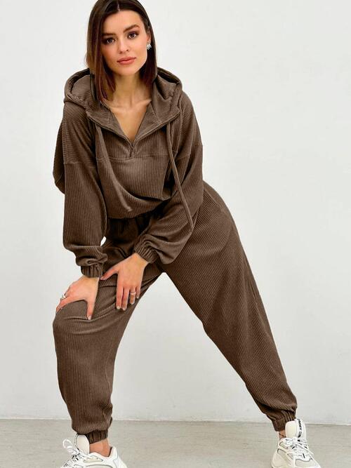 Half Zip Drawstring Hoodie and Pants Set - 2 PCS. - T - 5 COLORS -