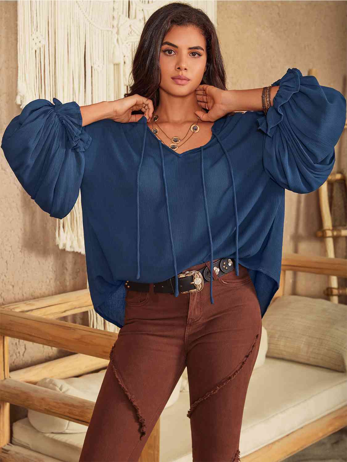 Tie Neck Long Sleeve Blouse - T - 1 COLOR -