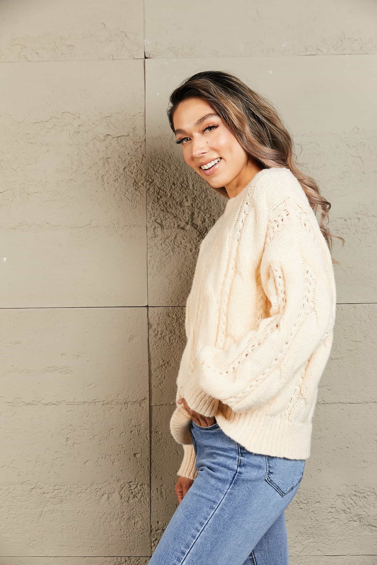 Woven Right Cable-Knit Openwork Round Neck Sweater - T - 6 COLORS -